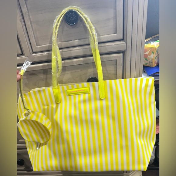 Drunk elephant yellow neon & white striped shopping/beach/ tote bag+coinbag NIP - Picture 9 of 10